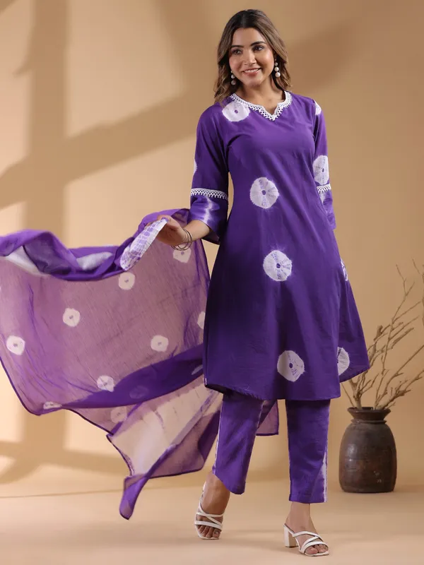 Printed purple cotton silk kurti set