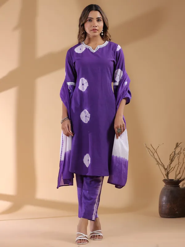 Printed purple cotton silk kurti set