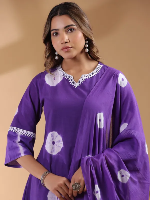 Printed purple cotton silk kurti set
