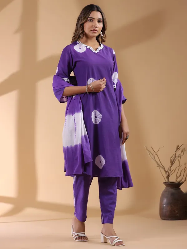 Printed purple cotton silk kurti set