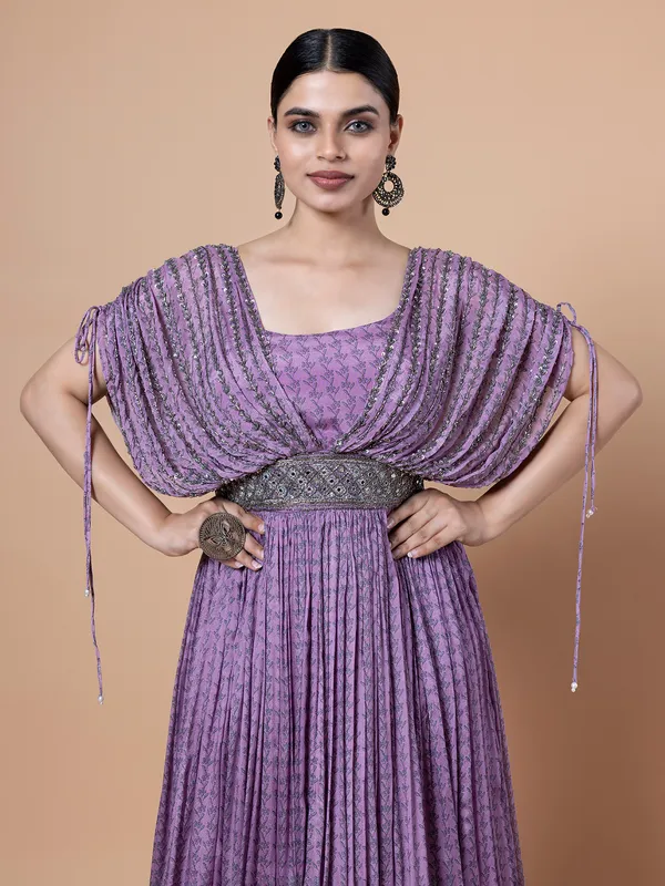 Printed purple georgette gown