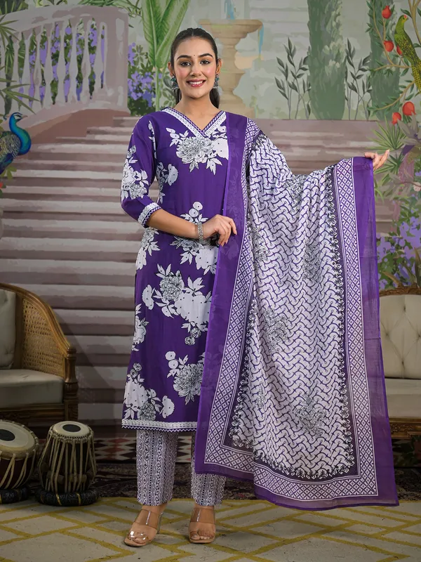 Printed purple printed silk kurti set
