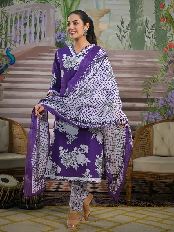 Printed purple printed silk kurti set