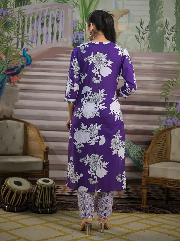 Printed purple printed silk kurti set