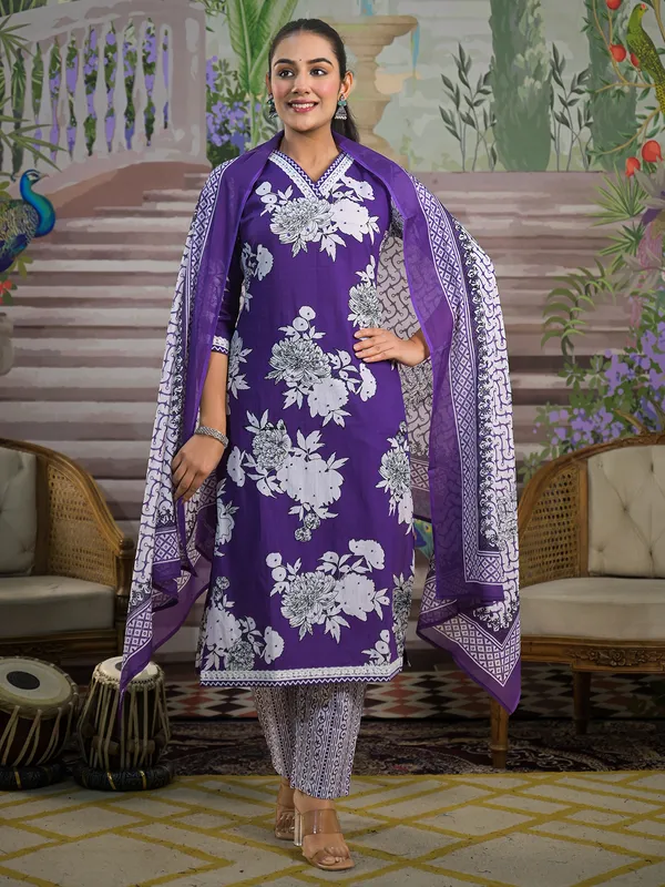 Printed purple printed silk kurti set