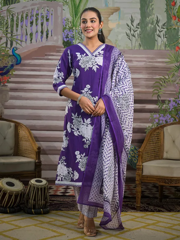 Printed purple printed silk kurti set