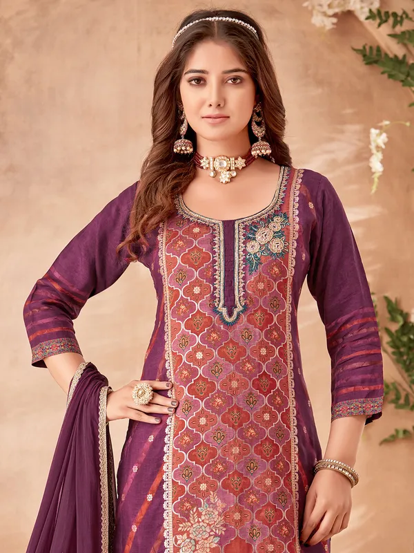 Printed purple salwar suit in silk