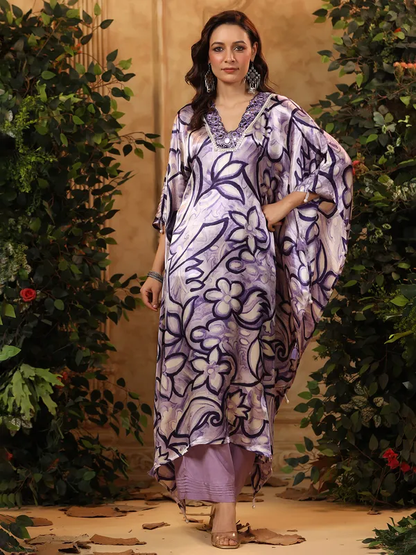 Printed purple satin kurti set