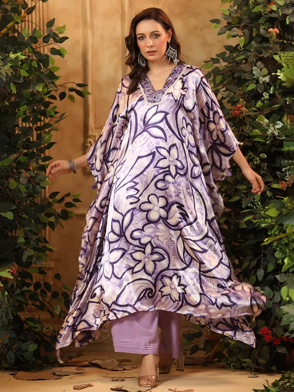 Printed purple satin kurti set