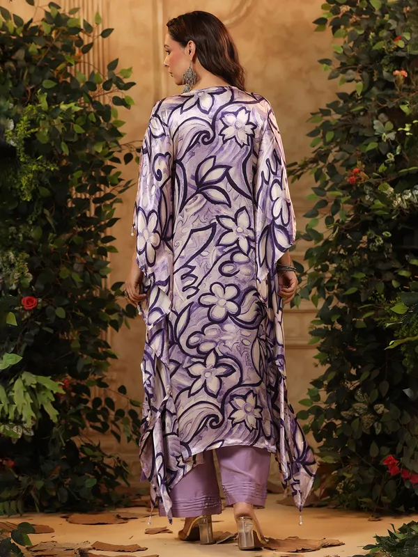 Printed purple satin kurti set