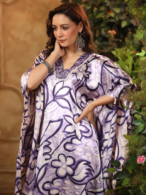 Printed purple satin kurti set
