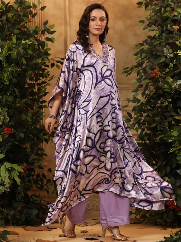 Printed purple satin kurti set