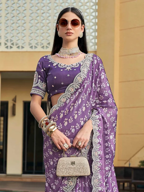 Printed purple semi organza saree