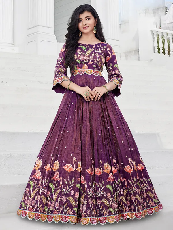 Printed purple silk gown for girls