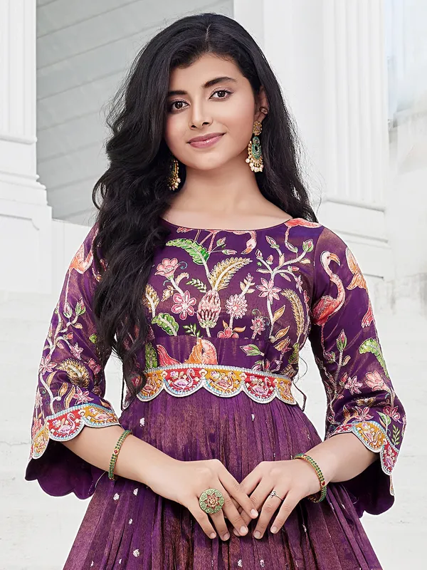 Printed purple silk gown for girls