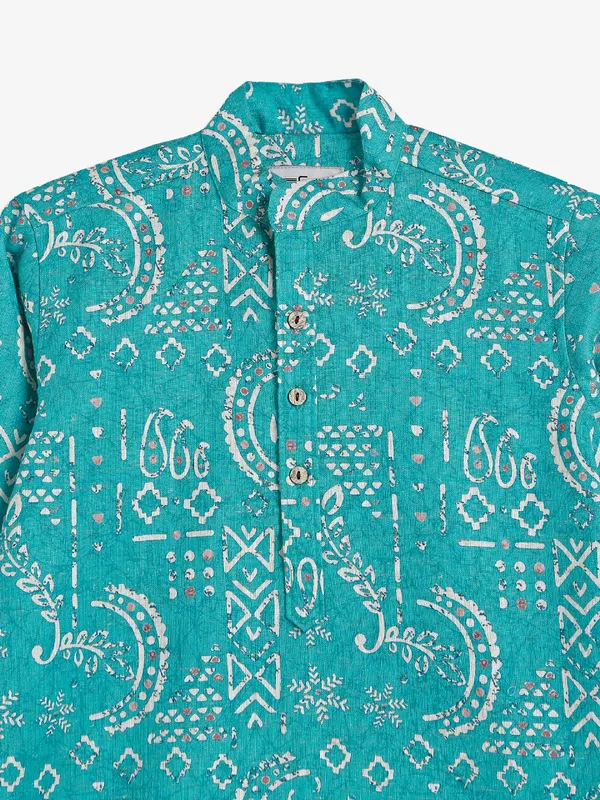 Printed rama blue cotton kurta