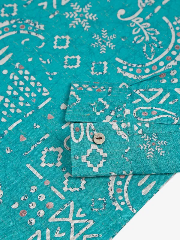 Printed rama blue cotton kurta