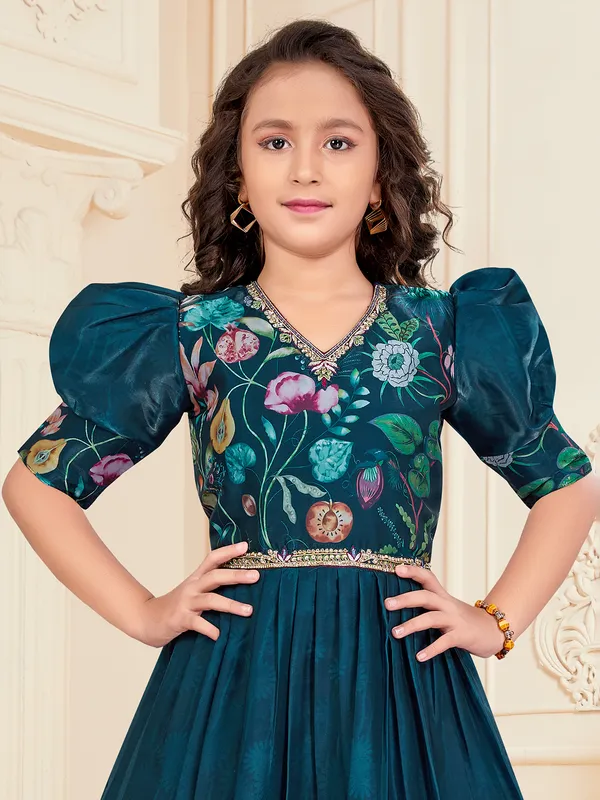 Printed rama blue gown for festive