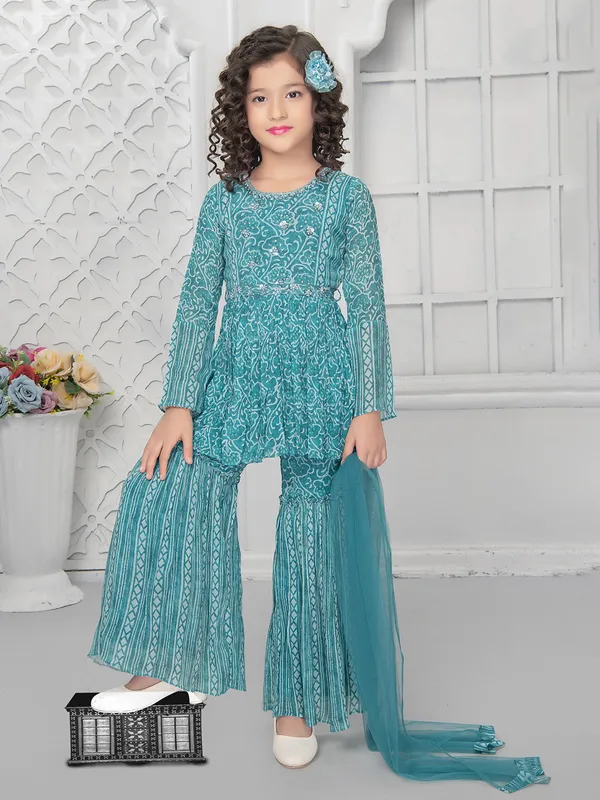 Printed rama blue sharara suit