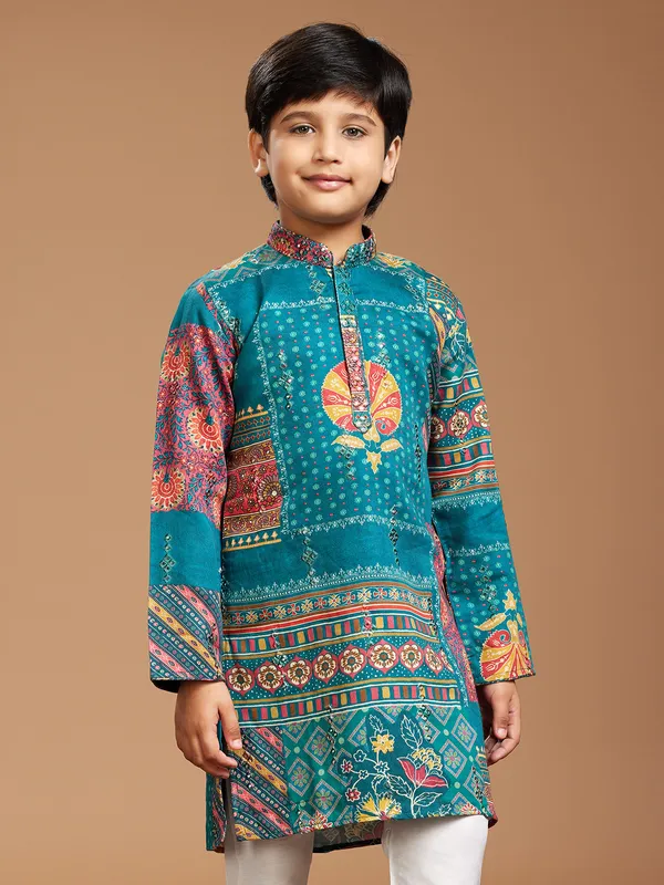 Printed rama blue silk kurta pajama