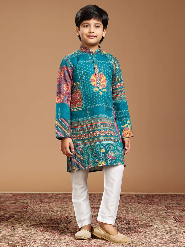 Printed rama blue silk kurta pajama