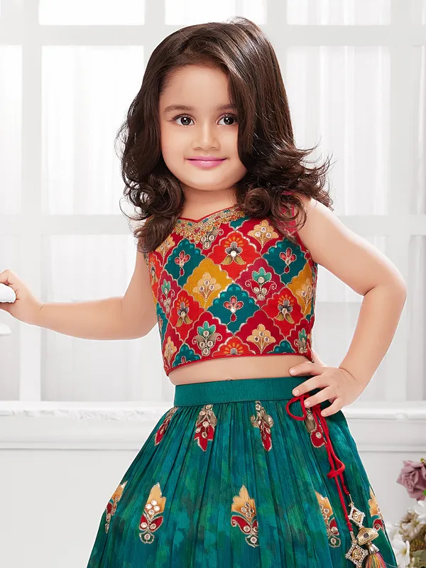 Printed rama green and red silk lehenga choli