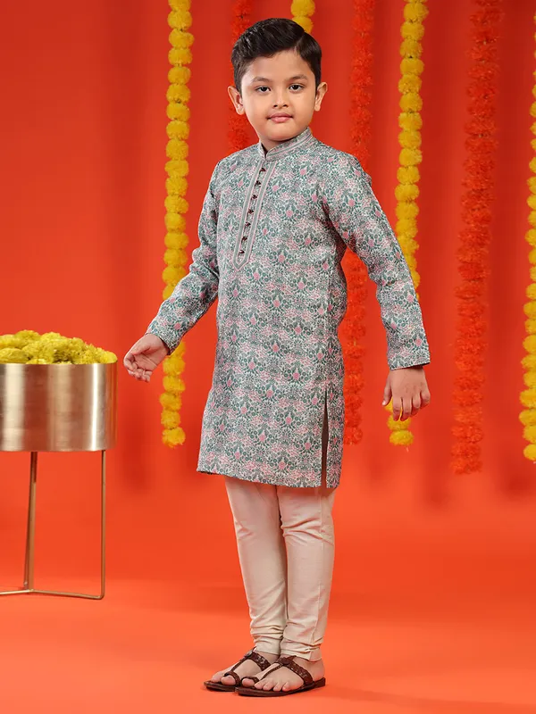 Printed rama green brocade kurta suit