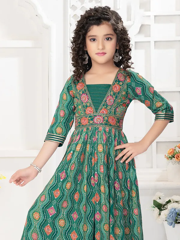 Printed rama green georgette palazzo suit