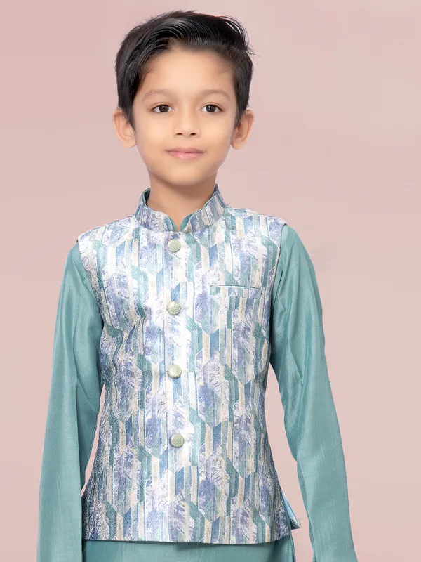 Printed rama green silk boys waitcoat set