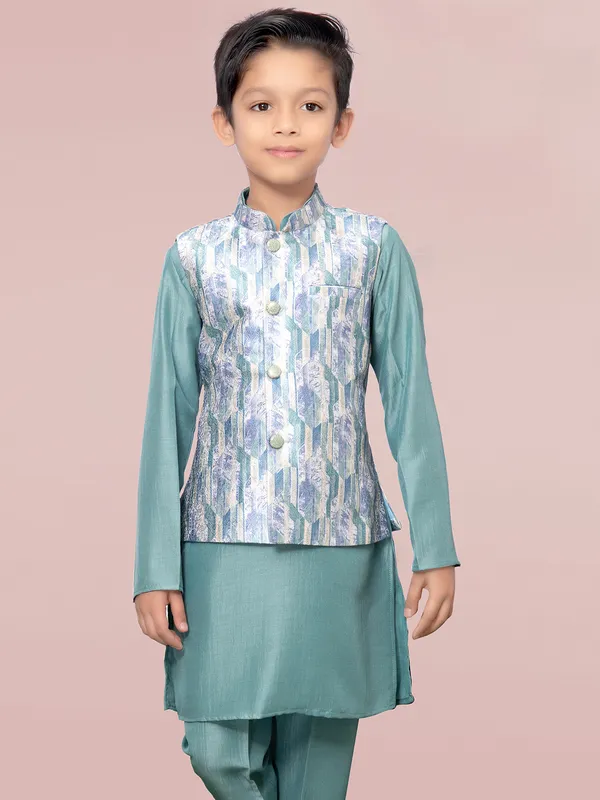 Printed rama green silk boys waitcoat set