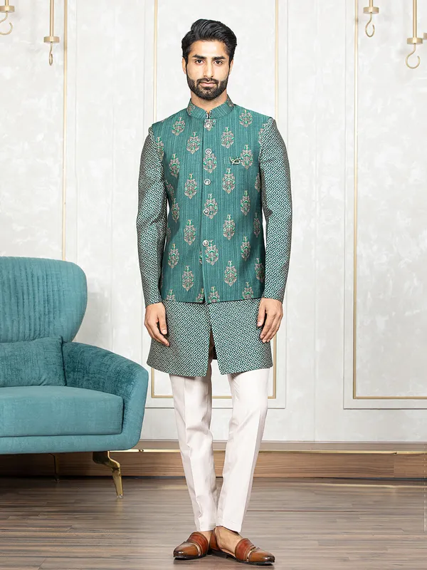 Printed rama green waistcoat set