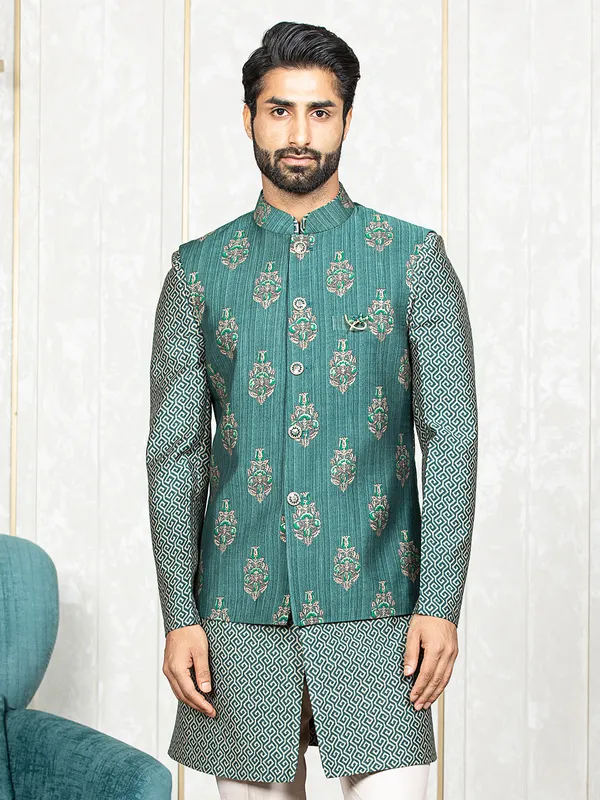 Printed rama green waistcoat set