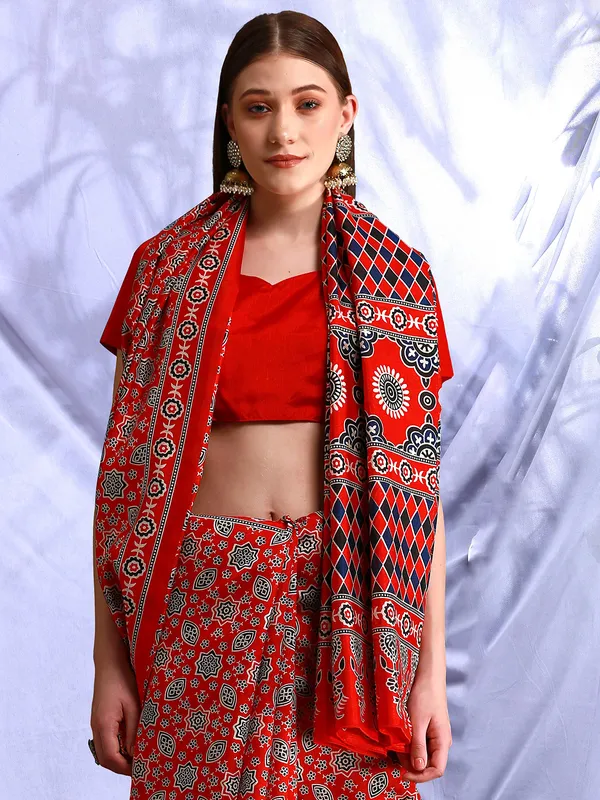 Printed red bhagalpuri silk saree