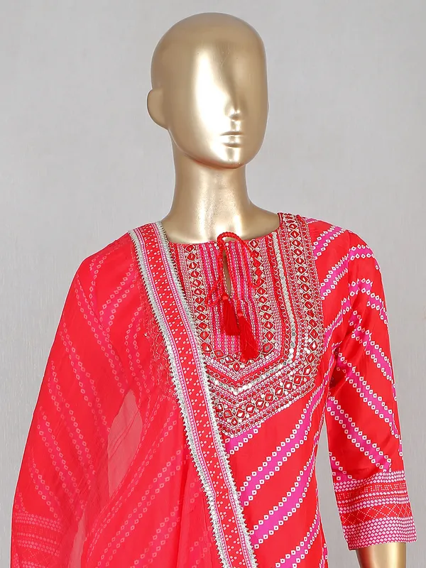 Printed red cotton pant suit for festive look