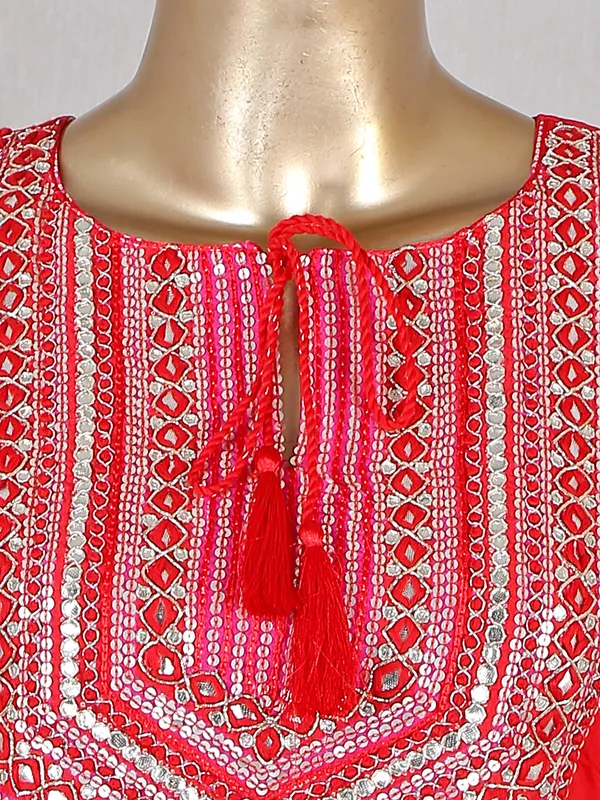 Printed red cotton pant suit for festive look