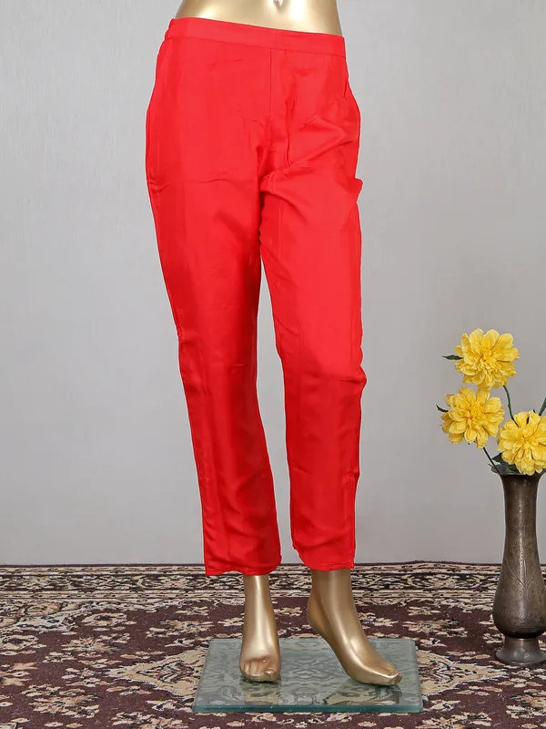 Printed red cotton pant suit for festive look
