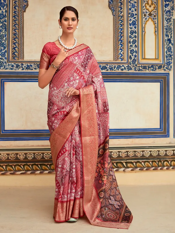Printed red dola silk saree