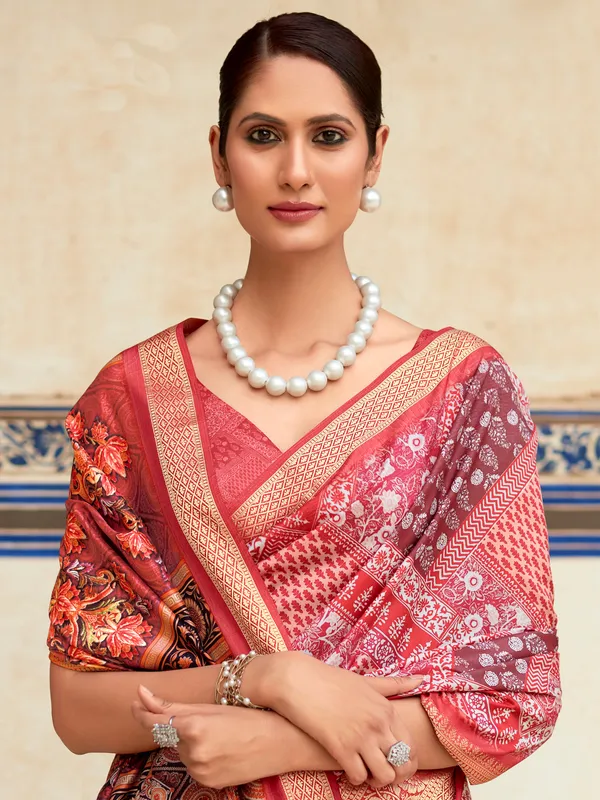 Printed red dola silk saree