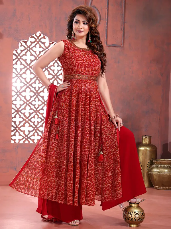 Nyra cut red georgette printed palazzo suit