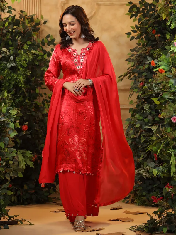 Printed red satin silk printed palazzo kurti set