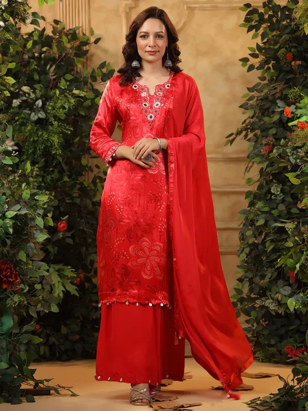 Printed red satin silk printed palazzo kurti set