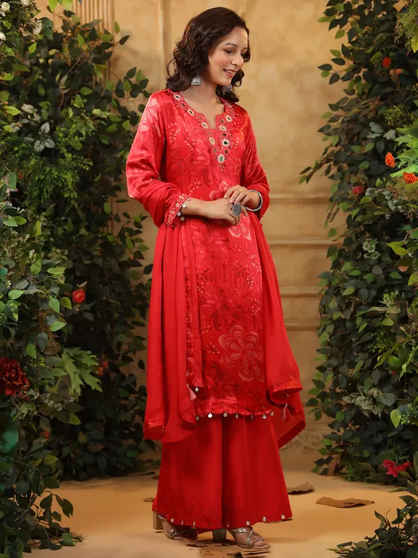 Printed red satin silk printed palazzo kurti set