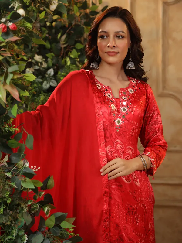 Printed red satin silk printed palazzo kurti set