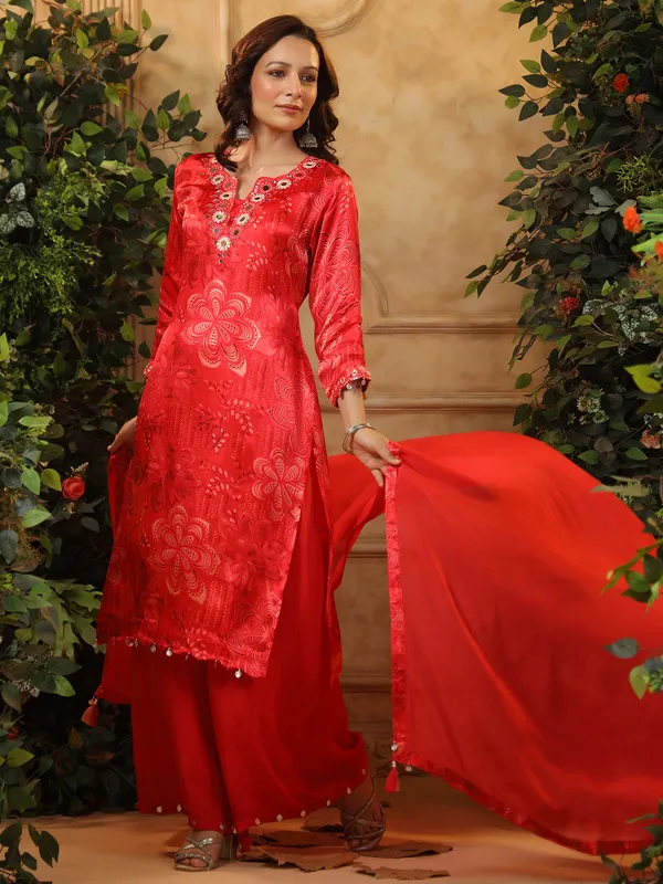 Printed red satin silk printed palazzo kurti set