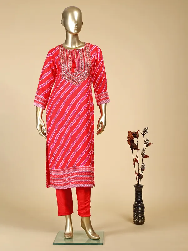 Printed red silk kurti set