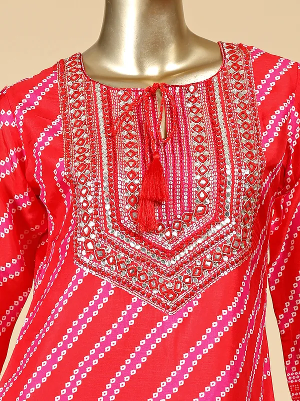 Printed red silk kurti set