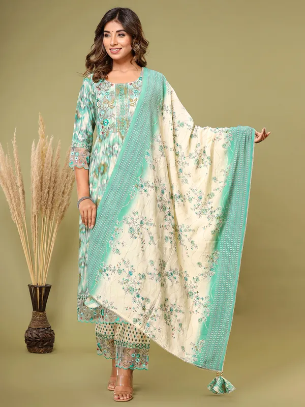 Printed rich cotton kurti set in sea green