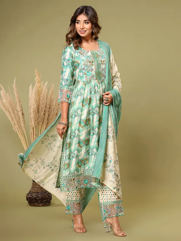Printed rich cotton kurti set in sea green