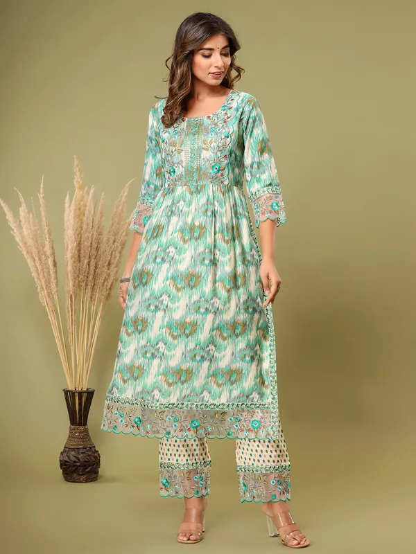Printed rich cotton kurti set in sea green