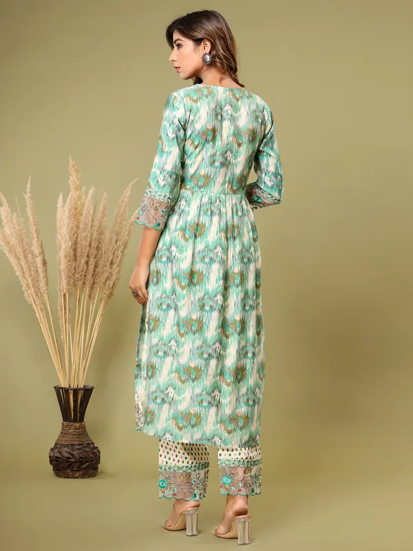 Printed rich cotton kurti set in sea green